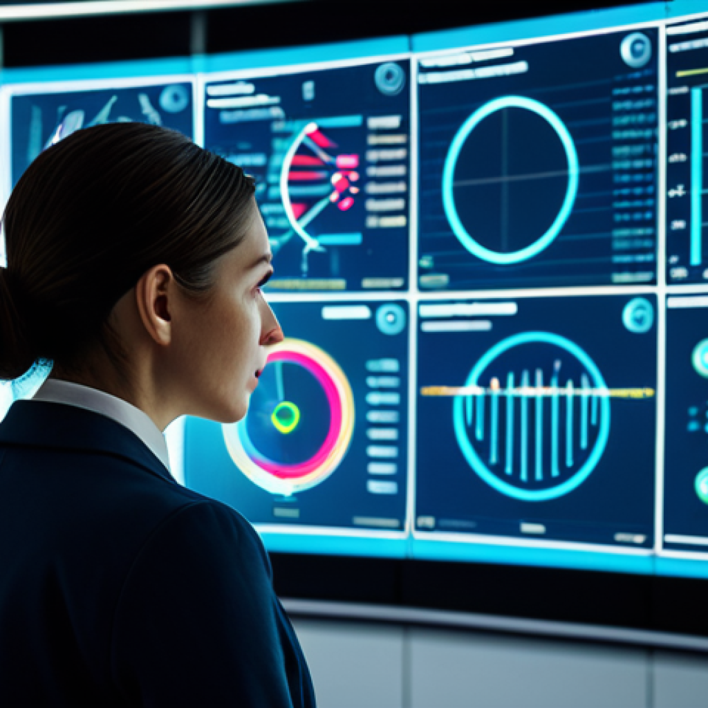 A focused female data scientist in a modest business suit, observing complex, dynamic data visualizations on a large, futuristic holographic screen. She points thoughtfully at an emerging pattern, symbolizing insightful discovery and clarity from data chaos. The background is a modern, minimalistic data analytics lab with soft, ambient lighting and abstract, clean graphical elements. Perfect anatomy, correct proportions, natural pose, well-formed hands, proper finger count, natural body proportions. Fully clothed, appropriate attire, safe for work, professional, high quality, photorealistic.