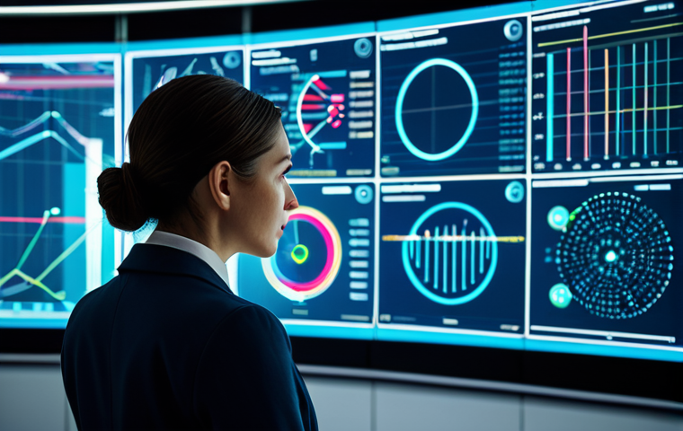 A focused female data scientist in a modest business suit, observing complex, dynamic data visualizations on a large, futuristic holographic screen. She points thoughtfully at an emerging pattern, symbolizing insightful discovery and clarity from data chaos. The background is a modern, minimalistic data analytics lab with soft, ambient lighting and abstract, clean graphical elements. Perfect anatomy, correct proportions, natural pose, well-formed hands, proper finger count, natural body proportions. Fully clothed, appropriate attire, safe for work, professional, high quality, photorealistic.