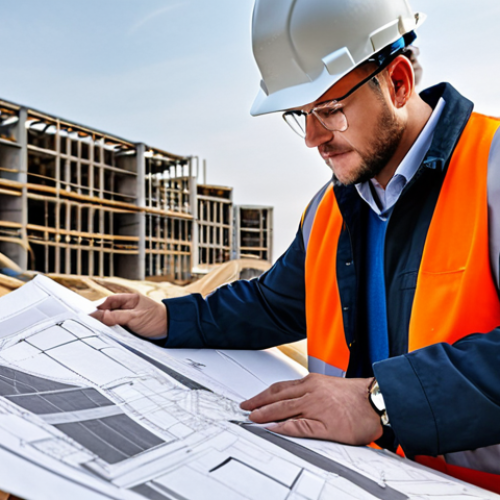 Home 12 "A professional architect in a hard hat and fully clothed work attire, reviewing blueprints on a construction site, appropriate content, safe for work, perfect anatomy, correct proportions, natural pose, high quality."
