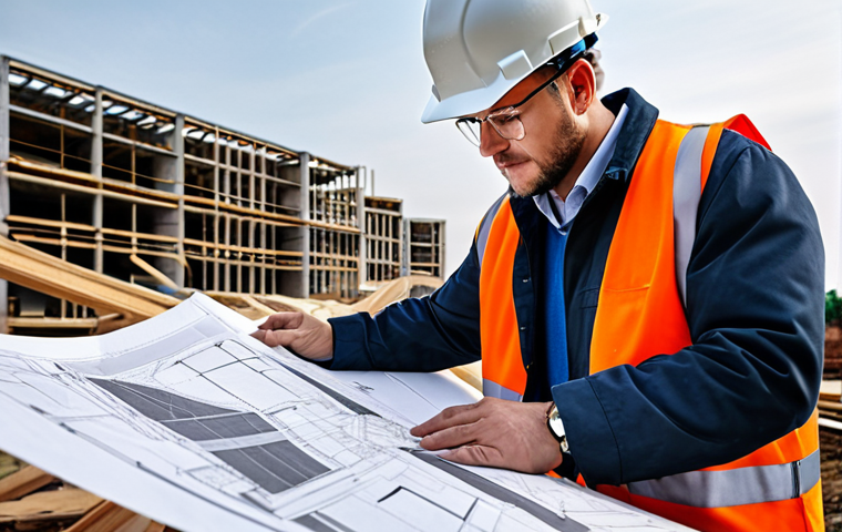 "A professional architect in a hard hat and fully clothed work attire, reviewing blueprints on a construction site, appropriate content, safe for work, perfect anatomy, correct proportions, natural pose, high quality."