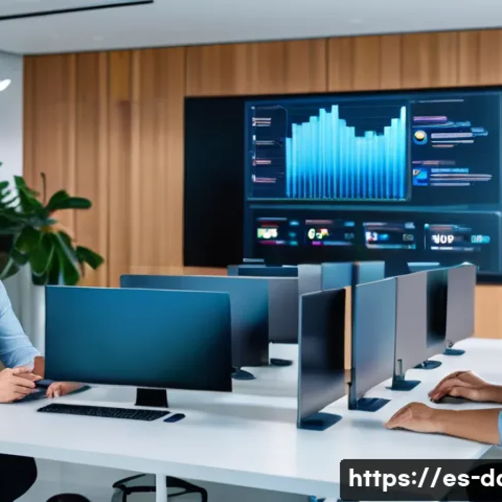 데이터사이언스 미래 전망 - A futuristic data science laboratory scene set in a modern Spanish tech company office, featuring di...