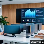 데이터사이언스 미래 전망 - A futuristic data science laboratory scene set in a modern Spanish tech company office, featuring di...