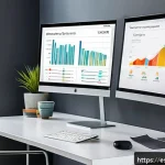 데이터사이언스와 데이터 시각화 툴 - A modern, clean data storytelling workspace featuring a sleek desk with a high-resolution monitor di...