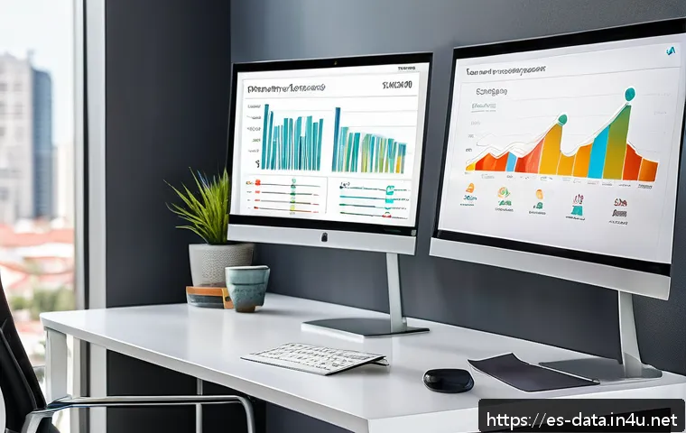 데이터사이언스와 데이터 시각화 툴 - A modern, clean data storytelling workspace featuring a sleek desk with a high-resolution monitor di...