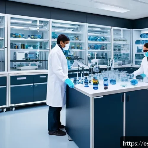 데이터사이언스와 생물정보학 - A futuristic laboratory scene showcasing interdisciplinary scientists—biologists, computer scientist...