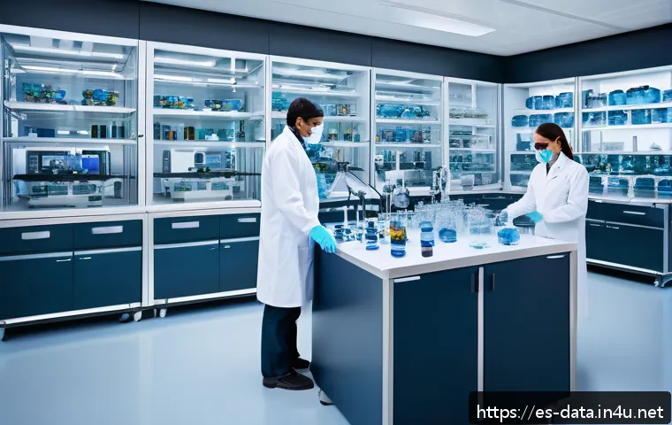 데이터사이언스와 생물정보학 - A futuristic laboratory scene showcasing interdisciplinary scientists—biologists, computer scientist...